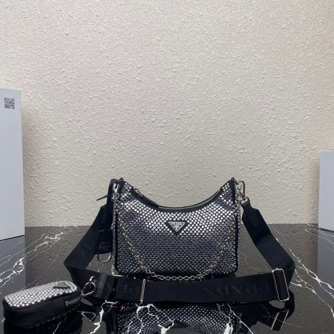 Prada Re Edition 2005 Duchess Synthetic Crystals Shoulder Bag Black 1BH204